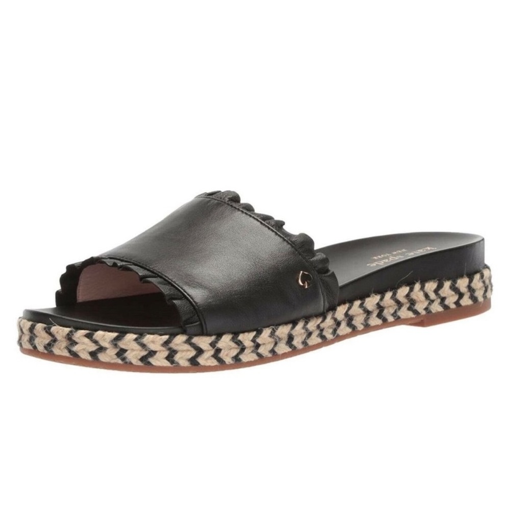 Kate Spade New York Zahara Leather Woven Slides Sandals Ruffle Black Tan 7.5 - Picture 7 of 7